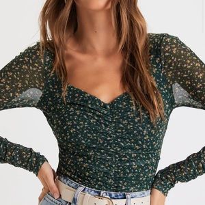 Lulu’s Adoring Desire Green Floral Print Mesh Ruched Bodysuit